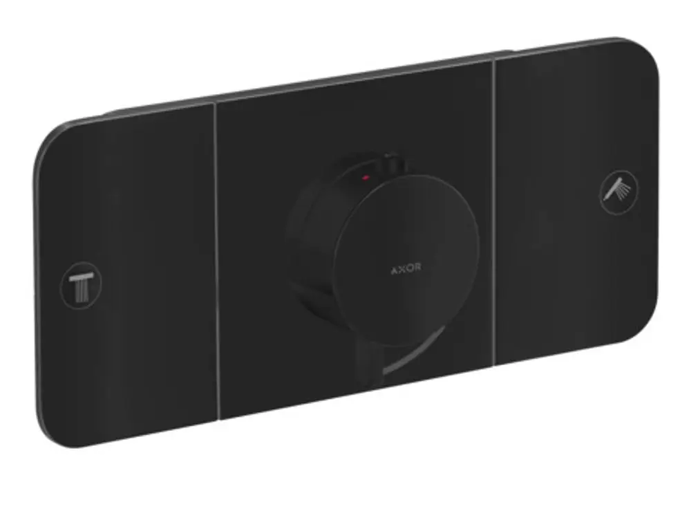 Thermostatmodul in mattschwarz mit Drehregler und zwei Bedienelementen für Verbraucher, Markenlogo von AXOR sichtbar.